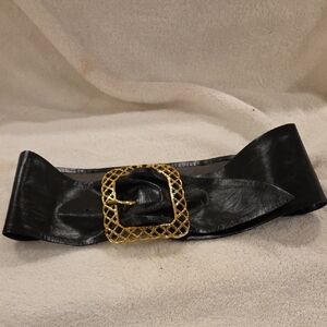 Elegant Black Leather Belt with Gold Buckle